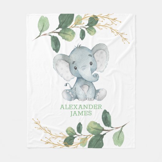 Modernes Greenery Gold Baby Elephant Boy Kinderzim Fleecedecke (Vorderseite)