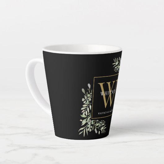 Modernes Greenery Gold Monogram Elegant Black Latt Milchtasse (Linke Ecke)