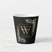 Modernes Greenery Gold Monogram Elegant Black Latt Milchtasse (Vorderseite)