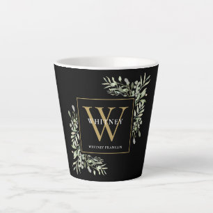 Modernes Greenery Gold Monogram Elegant Black Latt Milchtasse