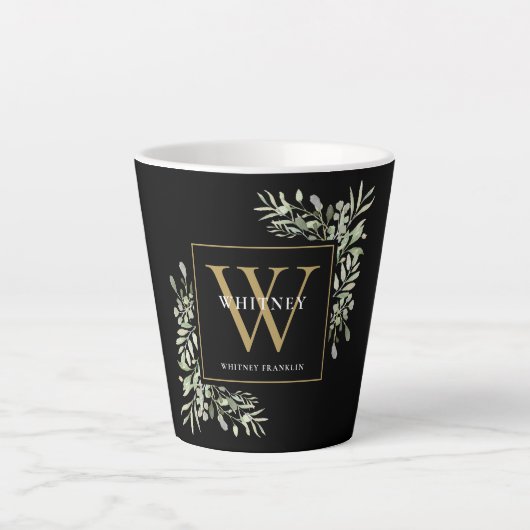 Modernes Greenery Gold Monogram Elegant Black Latt Milchtasse (Vorderseite)