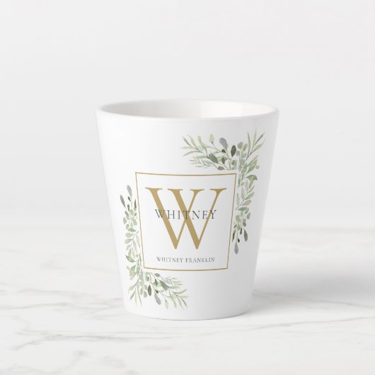 Modernes Greenery Gold Monogram Elegant Milchtasse (Vorderseite)