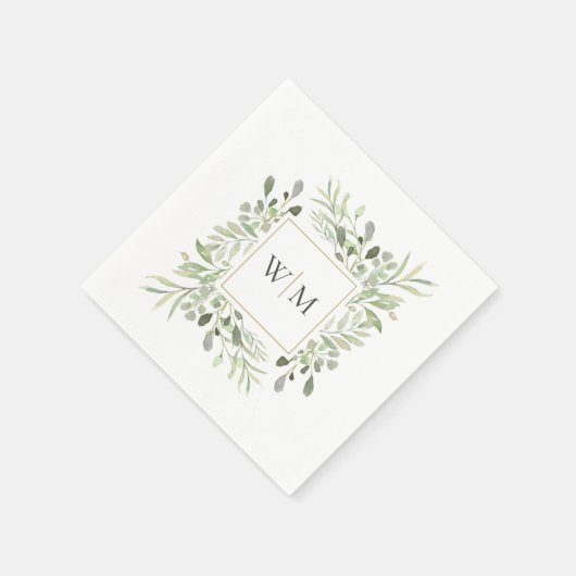Modernes Greenery Gold Monogram Wedding Serviette (Ecke)