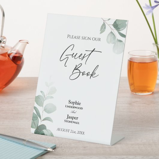 Modernes Greenery Wedding Guest Book Sign Sockelschild (In Situ)