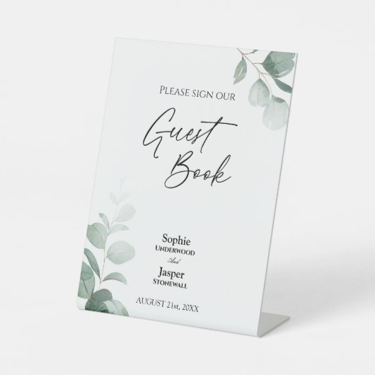 Modernes Greenery Wedding Guest Book Sign Sockelschild (Vorderseite)