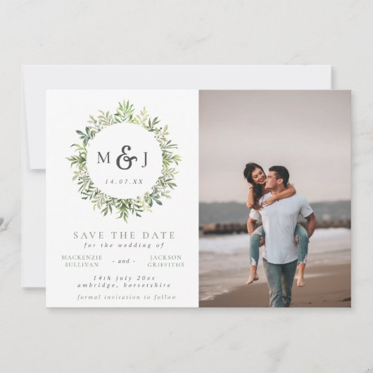 Modernes Greenery Wreath Monogram Wedding Foto Save The Date (Vorderseite)