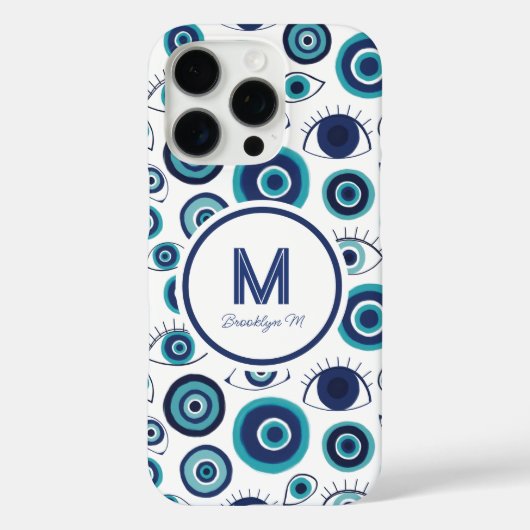Modernes griechisches Evil Blue White Monogram Case-Mate iPhone Hülle (Rückseite)