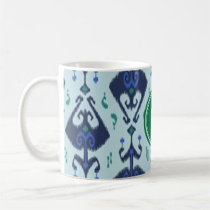 Modernes grün-blaues ikat Stammes- Mustermonogramm Kaffeetasse