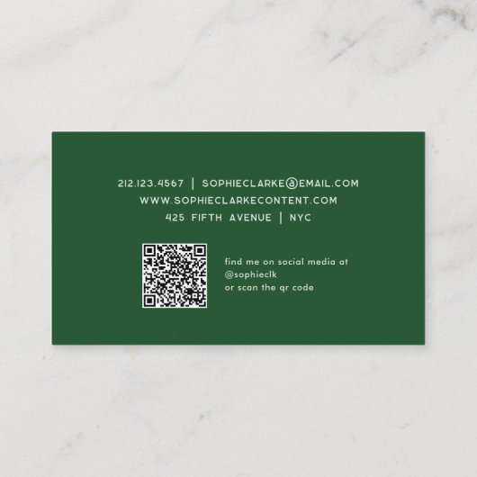 Modernes Grün | Elegantes Skript mit QR-Code Visitenkarte (Rückseite)