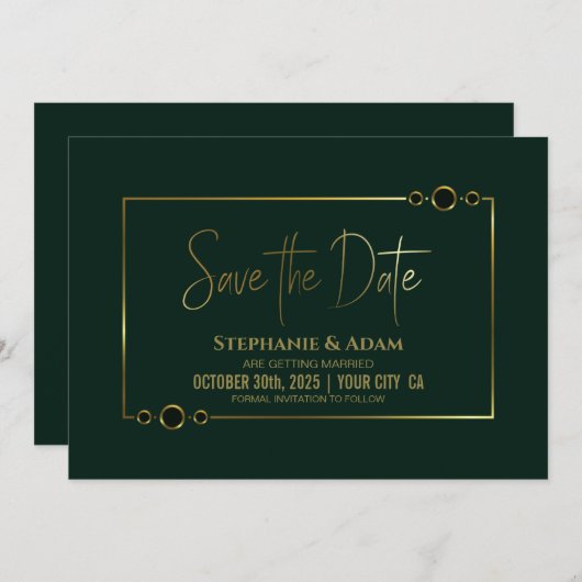 Modernes Grün mit Goldrahmen-Hochzeit retten das D Save The Date (Vorne/Hinten)