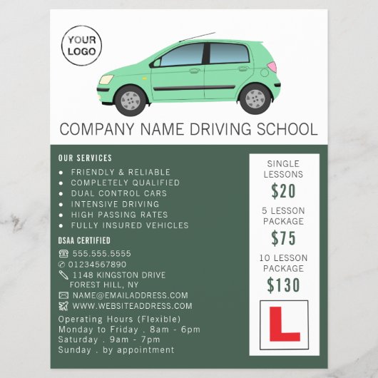 Modernes grünes Auto, Fahrschule, Lehrer Flyer (Vorne)