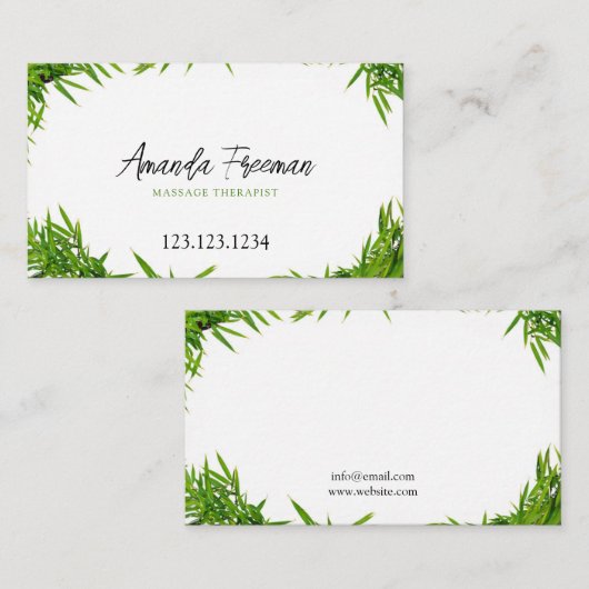 Modernes grünes Bambus Verlasst Massagetherapie Visitenkarte (Vorne/Hinten)