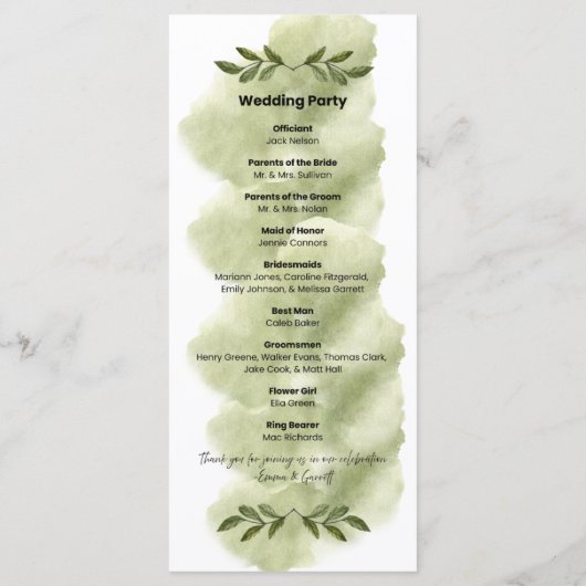 Modernes grünes Blatt minimalistisches Hochzeitspr Programm (Rückseite)