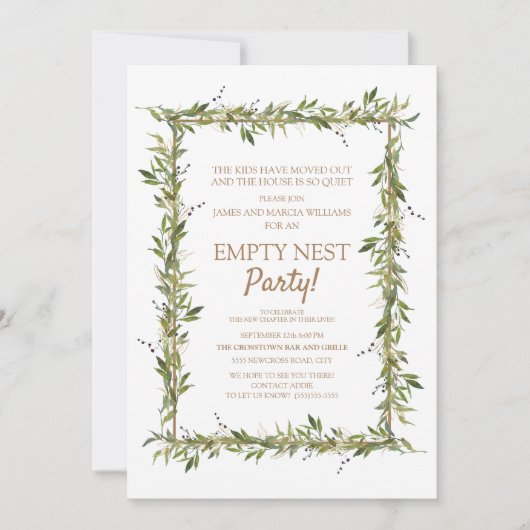 Modernes grünes Blätter Gold Empty Nest Party Einladung (Vorderseite)