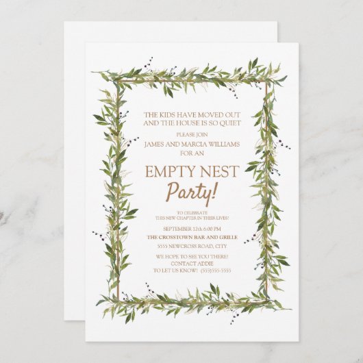 Modernes grünes Blätter Gold Empty Nest Party Einladung (Vorne/Hinten)