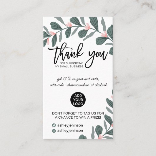 Modernes grünes Blattpinke Logo, danke Visitenkarte (Vorderseite)