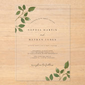 Modernes grünes Leaf klare Minimalistische Hochzei Acryleinladungen (Vorderseite)