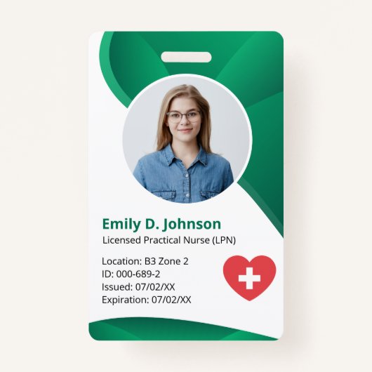 Modernes, grünes LPN-zugelassenes Krankenpflegeper Ausweis (Vorderseite)