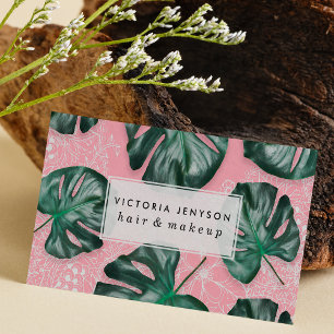 Modernes grünes monstera Blatt auf rosa weißem Visitenkarte