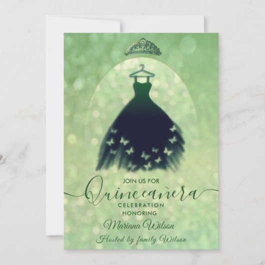 Modernes, grünes Schmetterlingskleid Tiara Quince Einladung (Vorderseite)