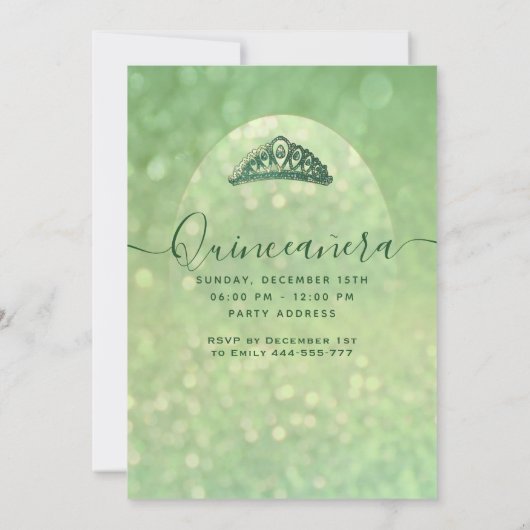 Modernes, grünes Schmetterlingskleid Tiara Quince Einladung (Rückseite)