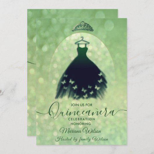 Modernes, grünes Schmetterlingskleid Tiara Quince Einladung (Vorne/Hinten)