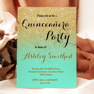Modernes gürtelgoldenes Glitzer-Minze-Grün Quincea Einladung