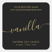 Modernes Gütezeichen für schwarze Goldschrift-Kerz Quadratischer Aufkleber (Vorderseite)