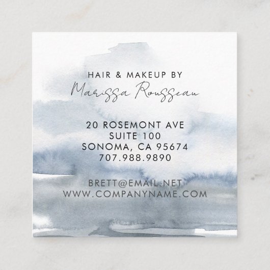 Modernes Haar Abstraktes Aquarell Blau Quadratische Visitenkarte (Rückseite)
