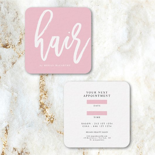 Modernes Haar Stylist-Skript Blush Pink Ernennung Quadratische Visitenkarte