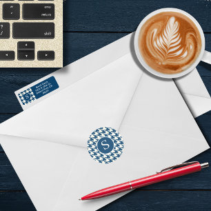 Modernes Hahnentrittmuster Blau-Weiß-Monogramm Runder Aufkleber