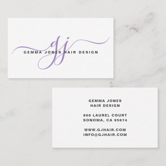 Modernes Hair Stylist Lavendel Script Monogram Visitenkarte (Vorne/Hinten)