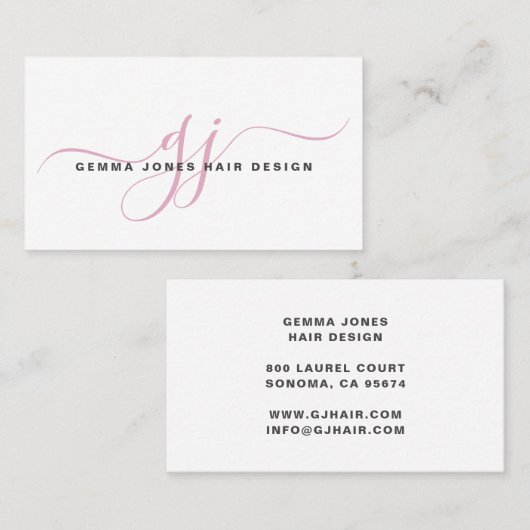 Modernes Hair Stylist Pink Script Monogram White Visitenkarte (Vorne/Hinten)