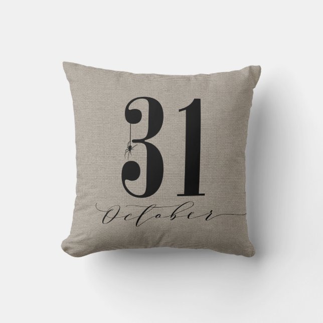 Modernes Halloween 31. Oktober Spider Burlap Kissen (Vorderseite)