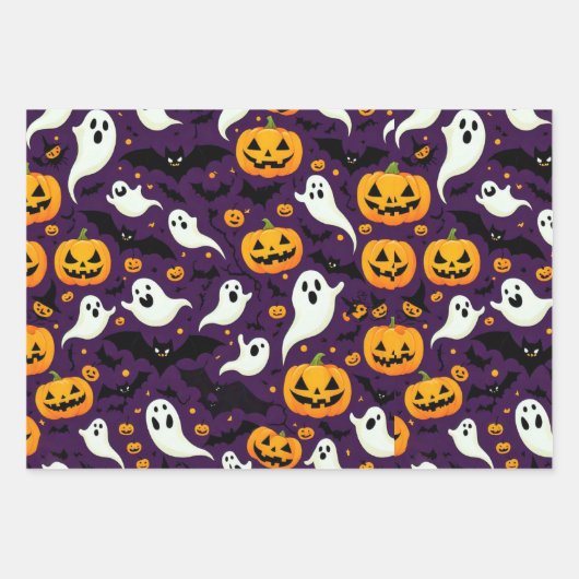 Modernes Halloween Bats Pumpkin Ghost Pattern Lila Geschenkpapier Set (Vorderseite 3)