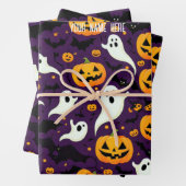 Modernes Halloween Bats Pumpkin Ghost Pattern Lila Geschenkpapier Set (Beispiel)