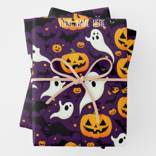 Modernes Halloween Bats Pumpkin Ghost Pattern Lila Geschenkpapier Set (Beispiel)