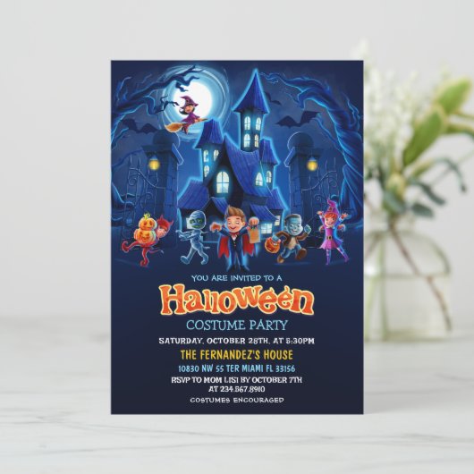 Modernes Halloween Costume Party Geburtstag Einladung (Stehend Vorderseite)