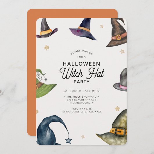 Modernes Halloween-Orange-Hexenhut-Party Einladung (Vorne/Hinten)