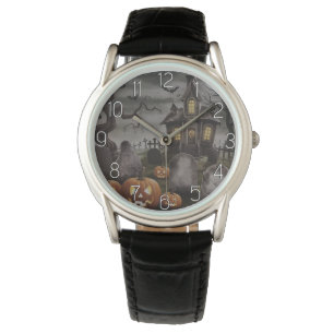 Modernes Halloween Orange Pumpkin Spuk Haus Armbanduhr