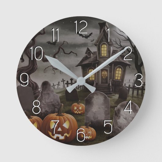 Modernes Halloween Orange Pumpkin Spuk Haus Runde Wanduhr (Vorderseite)