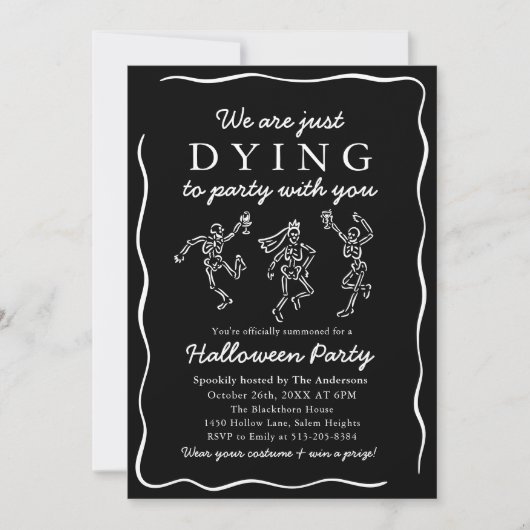 Modernes Halloween-Party von Skeletten mit schwarz Einladung (Vorderseite)