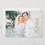 Modernes handgeschriebenes Aquamarines Script-Foto Save The Date (Vorderseite)