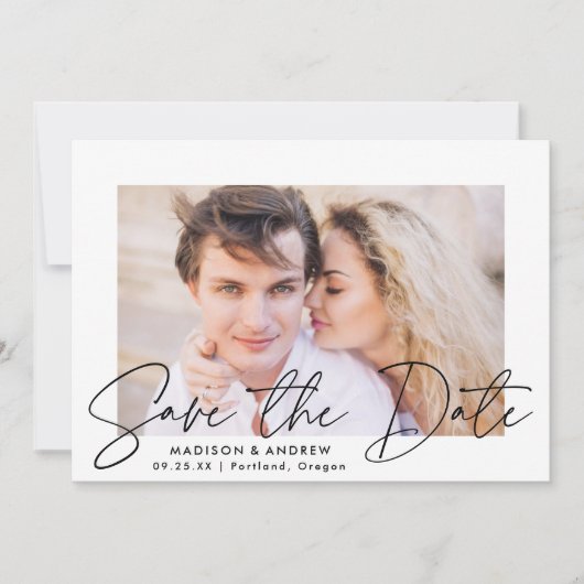 Modernes handgeschriebenes Black Script-Foto Save The Date (Vorderseite)