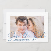 Modernes handgeschriebenes Blue Script-Foto Save The Date (Vorderseite)