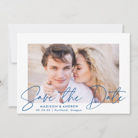 Modernes handgeschriebenes Blue Script-Foto Save The Date (Vorderseite)