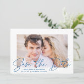 Modernes handgeschriebenes Blue Script-Foto Save The Date (Stehend Vorderseite)
