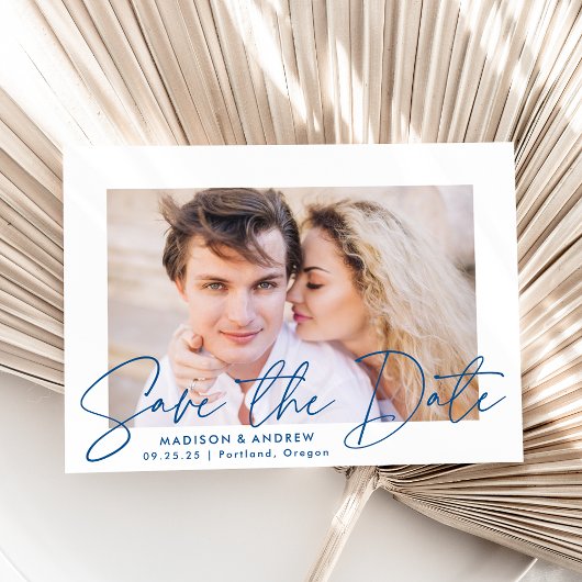Modernes handgeschriebenes Blue Script-Foto Save The Date