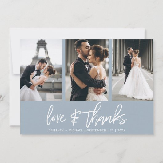 Modernes handgeschriebenes Foto Collage Dusty Blue Dankeskarte (Vorderseite)