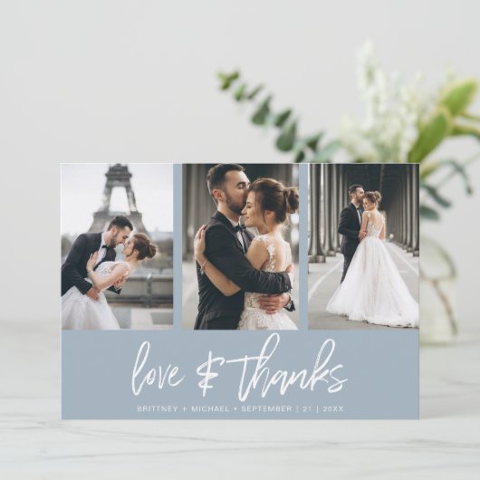 Modernes handgeschriebenes Foto Collage Dusty Blue Dankeskarte (Stehend Vorderseite)